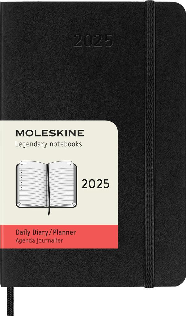 Moleskine 12 Monate Tagesnotizkalender 2025, P/A6, 1 Tag = 1 Seite, Weicher Einband, Schwarz