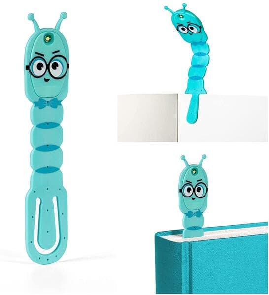 Flexilight Pals Leselicht (Bookworm) | blau | 2 in 1 Leselampe & Lesezeichen | LED Leselicht | Geschenk für Leser, Buchliebhaber | Deutsche Ausgabe